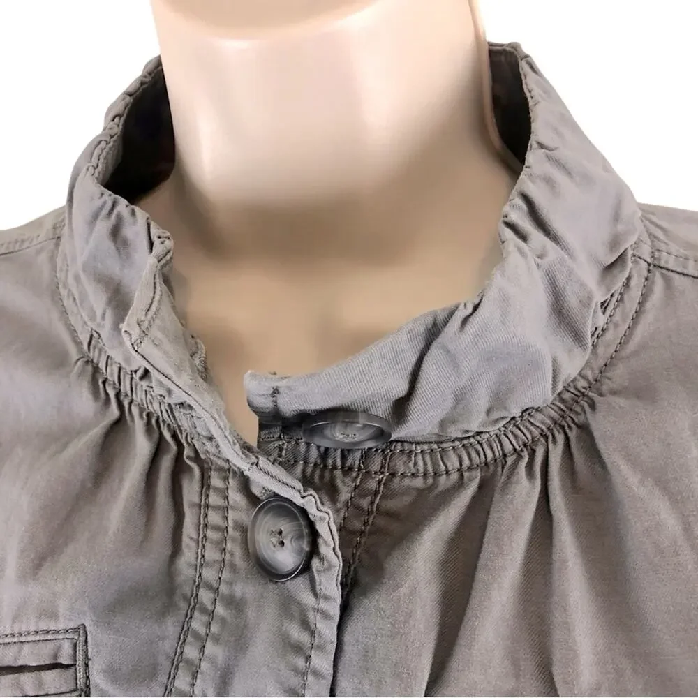 Ann Taylor Loft Gray Utility Cargo Jacket Multiple Pockets Adjustable Tie Waist